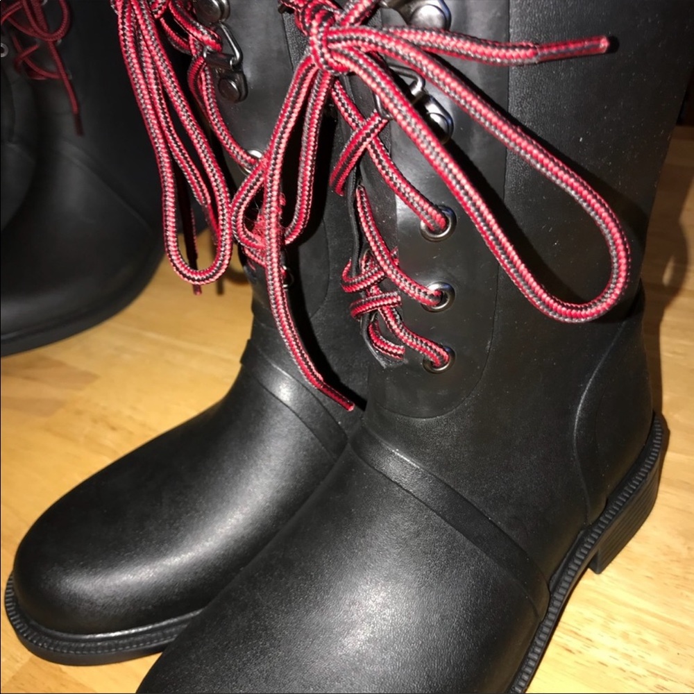 Black Rain Boots, Red Laces
